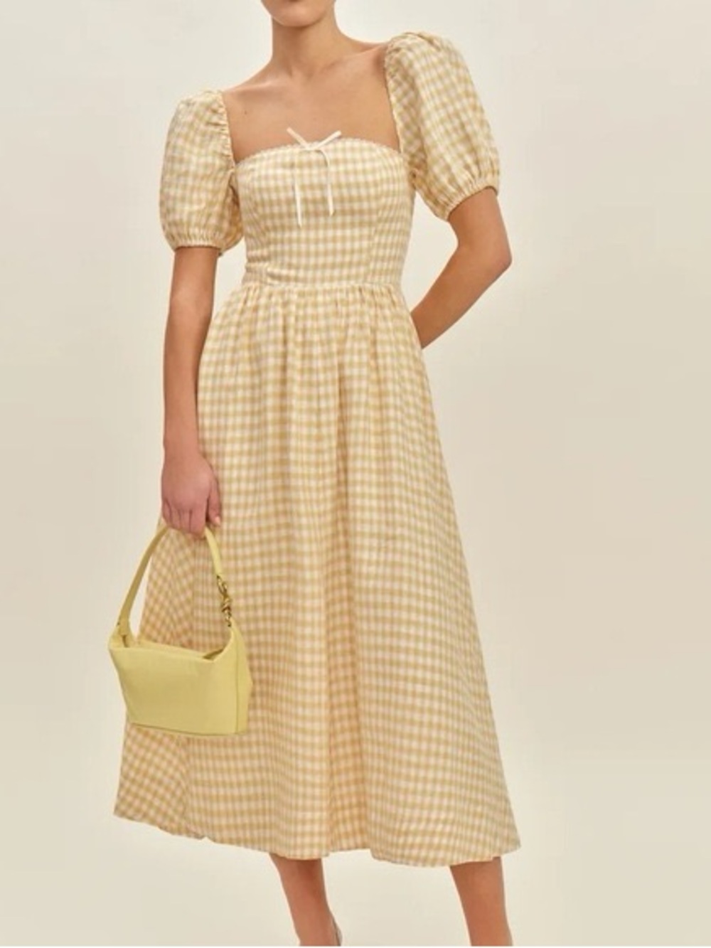 Reformation Yellow Gingham Puff-Sleeve Midi Dress